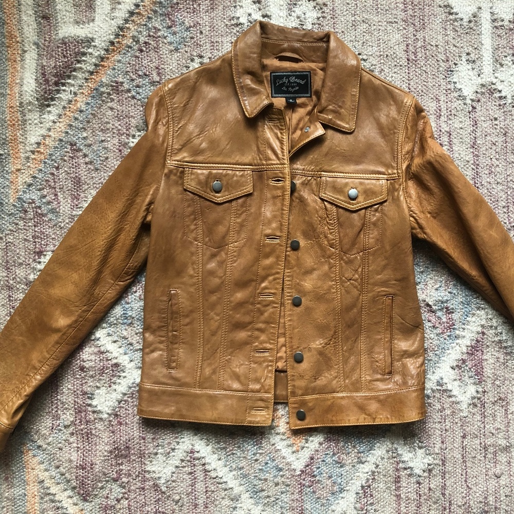 Distressed Leather Trucker Jacket in Cognac NWOT